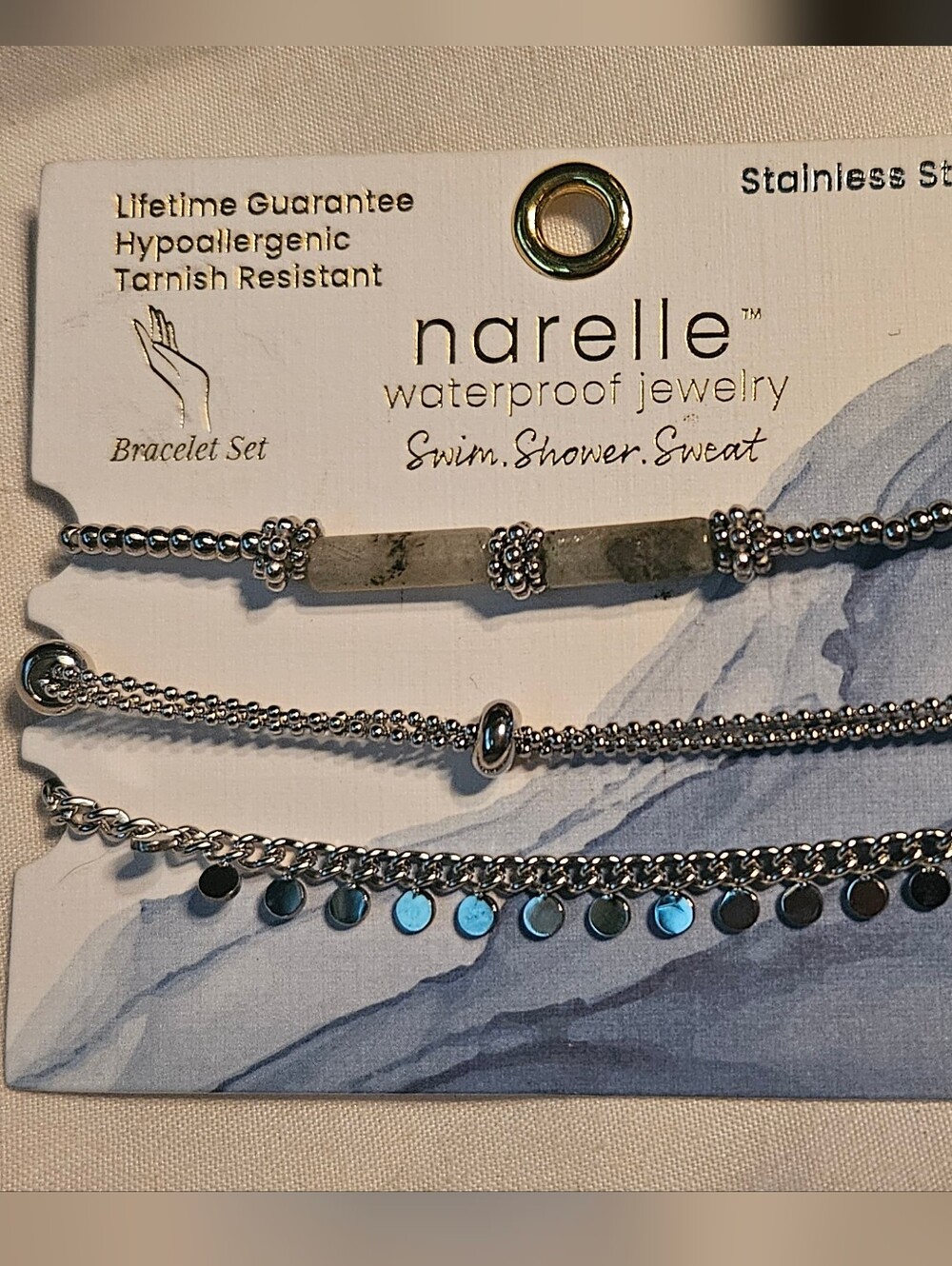 New W Tags Narelle Waterproof Stainless Steel 3 Set Bracelet Silver /Grey Beads